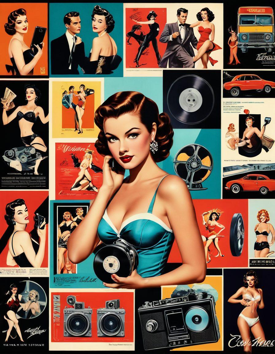 A visually striking collage featuring iconic elements from classic adult films, such as vintage reels and glamorous pin-up posters, blending into modern digital symbols like smartphones and streaming icons. The transition symbolizes the evolution from cinematic to digital sensuality. Soft, sultry lighting enhances the theme of intimacy while vibrant colors energize the scene. 3D elements mixed with a hint of retro aesthetics create a captivating visual narrative. super-realistic. vibrant colors.